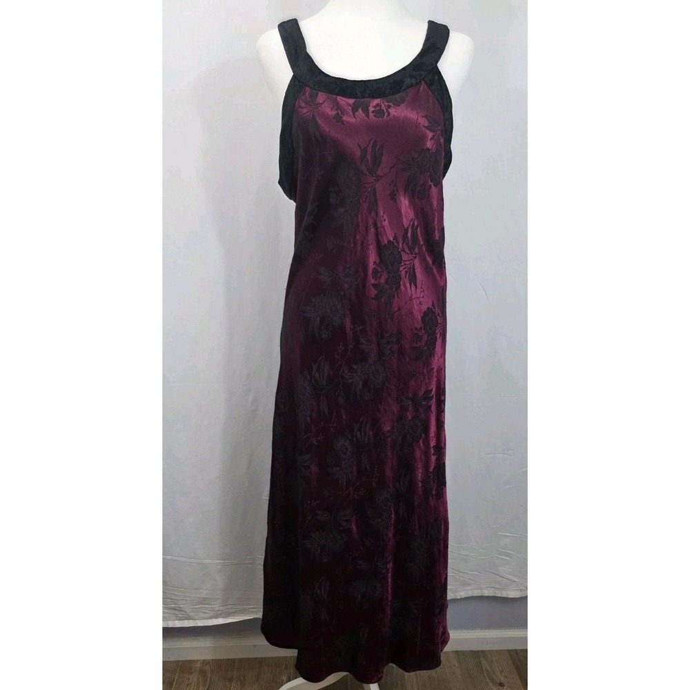 Vntg Slip Dress Sz Med "Satin/Velvet" Floral Maxi    Formal Whimsie Goth Vamp